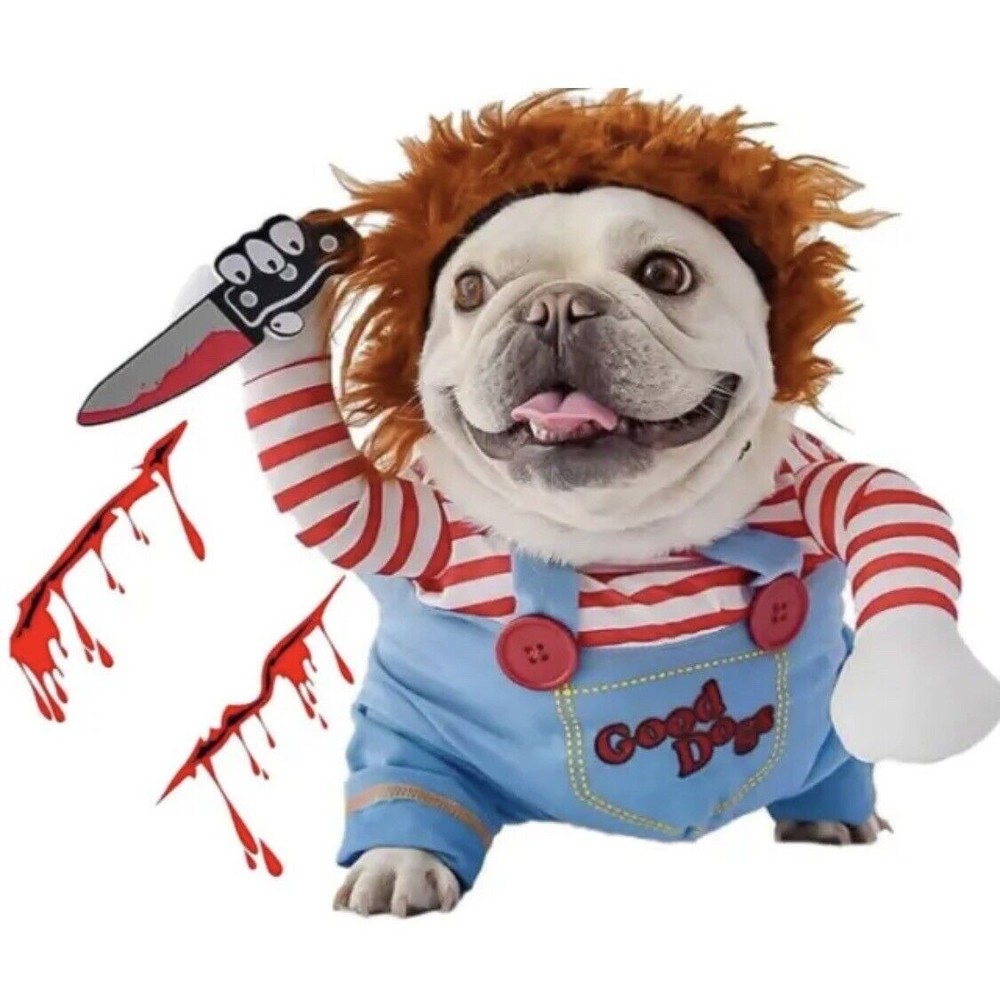 Chucky Deadly Pet Dog Costume for Halloween Wig and Knife Funny Scary Costume